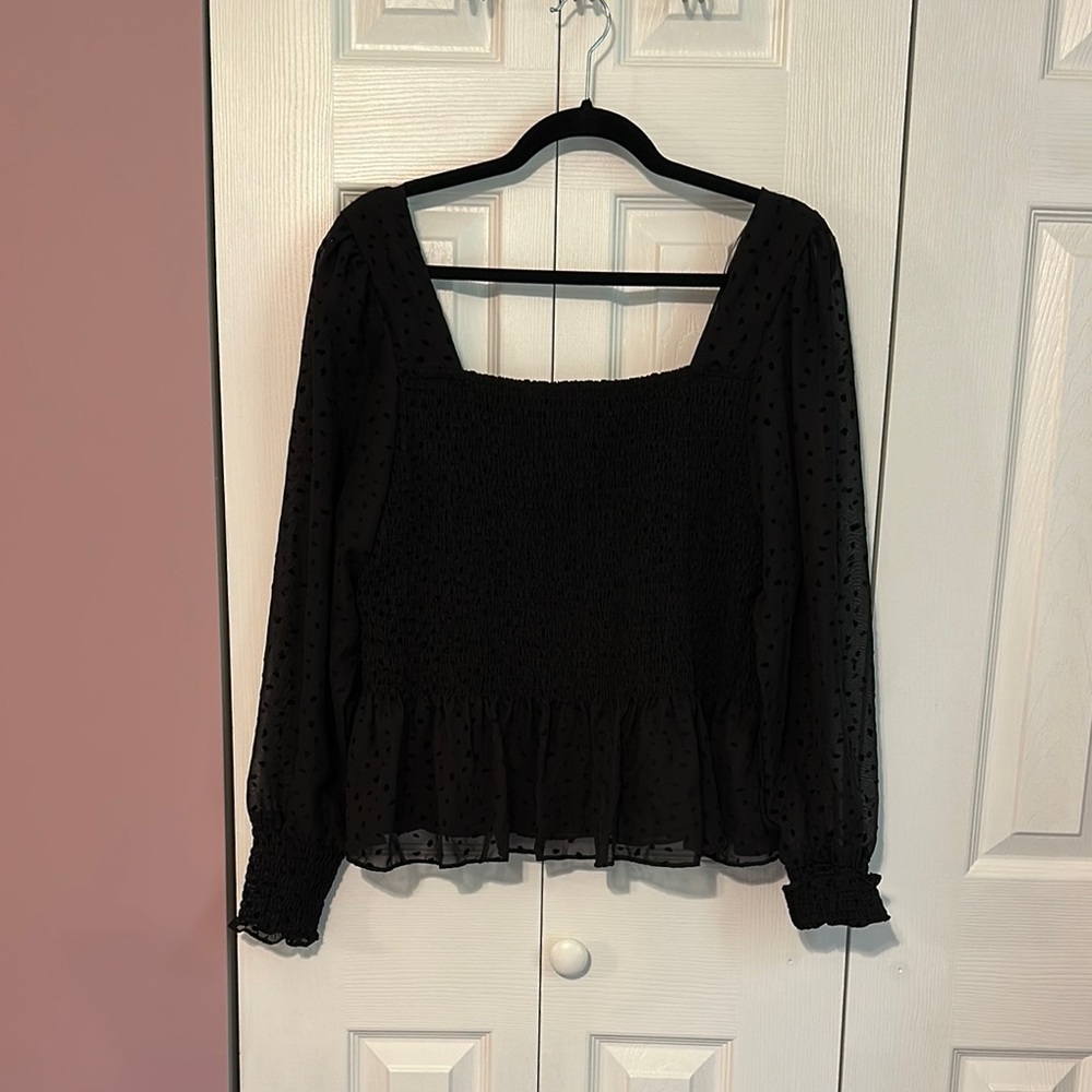 Nine West Black Dot Smocked Peplum Blouse with Cuffed Sleeves